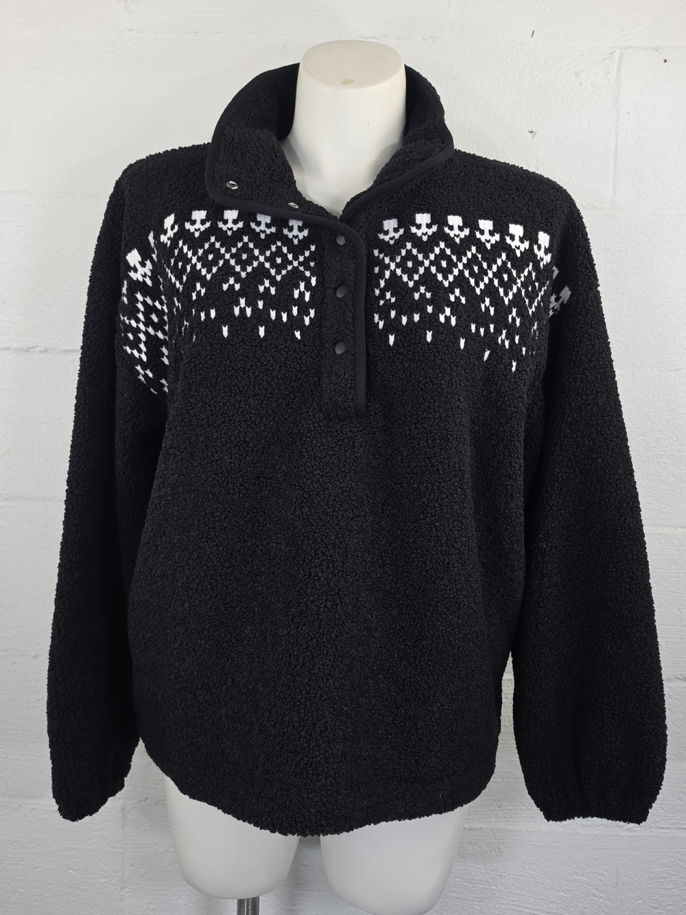 LOFT Black Embroidered Sherpa Teddy Pullover Sweater